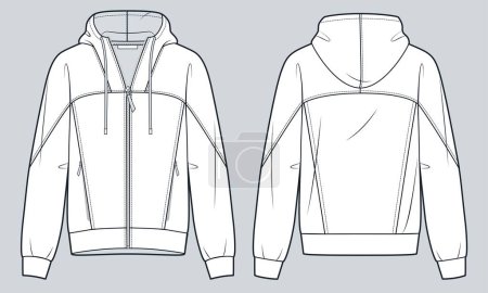  Hooded Sweatshirt technical fashion illustration. Zipped Jacket fashion flat technical drawing template, raglan sleeve, pockets, relaxed fit, front, back view, white, women, men, unisex CAD mockup.