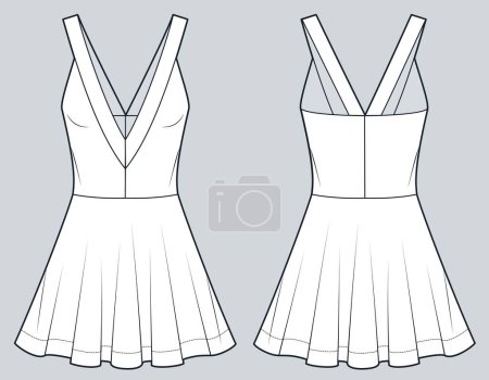  Tennis Dress technical fashion illustration. Flare Dress fashion flat technical drawing template, sleeveless, low neck, mini length, front and back view, white, women Jersey Dress CAD mockup.