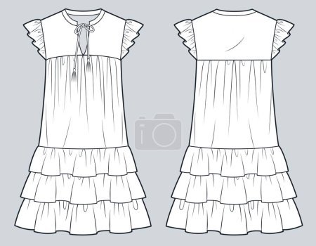 Ruffled Dress technical fashion illustration. Layered Dress fashion flat technical drawing template, mini length, relaxed fit, front and back view, white, women Dress CAD mockup.