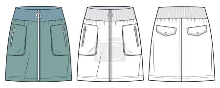  Zipped Skirt technical fashion illustration. Denim mini Skirt fashion flat technical drawing template, knee silhouette, pockets, elastic waistband, front and back view, white, green, women CAD mockup set.