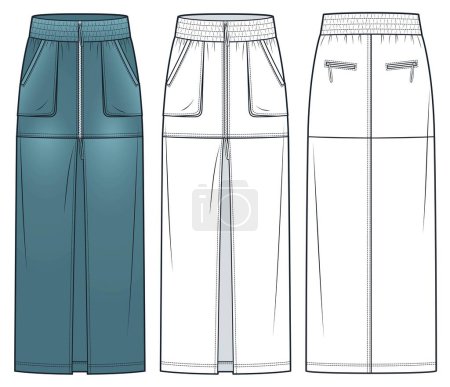  Cargo Skirt technical fashion illustration. Denim Skirt fashion flat technical drawing template, front zipper, pockets, front slit, maxi length, front and back view, white, green, women CAD mockup set.