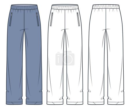  Jogger Pants fashion flat technical drawing template. Sweat Pants technical fashion illustration, oversize, elastic waistband, wide leg, front and back view, white, blue, women, men, unisex CAD mockup set.