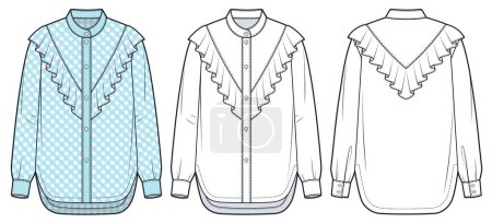 Ruffled Shirt technical fashion Illustration. Blouse fashion flat technical drawing template, checkerboard pattern, button closure, cuffed long sleeve, front and back view, white, blue, women CAD mockup set.