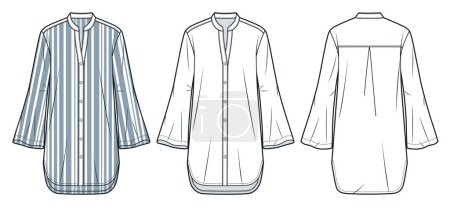  Tunika Kleid technische Mode Illustration. Bell Sleeve Shirt Kleid Mode flache technische Zeichnungsvorlage, Knopf nach unten, mini, entspannte Passform, Vorder- und Rückansicht, weißer, grauer Streifen, Frauen, Männer, Unisex-CAD-Attrappe.