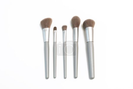 Photo for Cosmetic Makeup Brush Set, Isolated On White Background. Natural Bristle, Hair. Top View, Flat Lay. Professional Makeup Foundation, Eyeshadow, Angled, Blush, Blending Powder Brushes. Horizontal. - Royalty Free Image