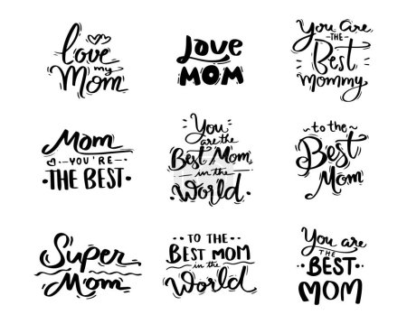 Téléchargez les photos : Set of Mother's Day Celebration quotes.  Modern calligraphy banner template.  Typography, lettering design for gift card and any purposes. Handwritten design isolated on white background. Vector illustration - en image libre de droit
