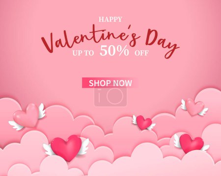 Téléchargez les photos : Happy Valentine's Day Poster or banner with cute font,sweet hearts on red background. Promotion and shopping template or background for Love and Valentine's day concept - en image libre de droit