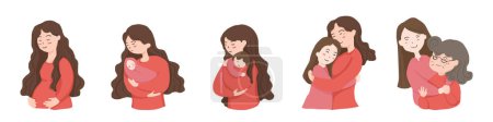 Téléchargez les photos : Set of beautiful mom and cute child embracing each other. in each life stage of mother and daughter full of love ,care and hug. isolated vector flat illustration. - en image libre de droit