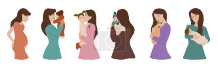Téléchargez les photos : Set of cute mother and newborn baby, child. full of love and care. Mom and child embracing each other. isolated vector flat illustration. - en image libre de droit
