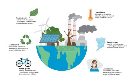 Téléchargez les photos : Changement climatique, recyclage, durabilité, effet de serre, élément infographique du réchauffement climatique. illustration vectorielle - en image libre de droit