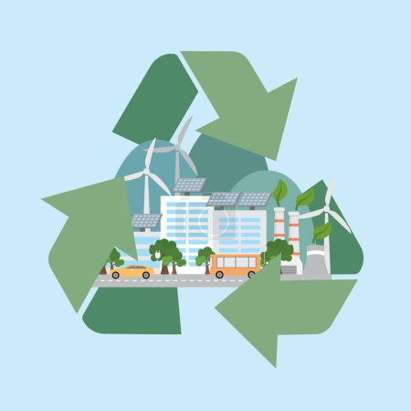 Téléchargez les photos : Recycler signe, ville durable environnementale, écologie, écologie, environnement, concept de terre verte. illustration vectorielle - en image libre de droit