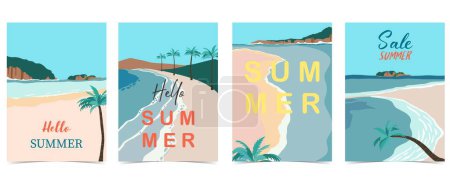 Téléchargez les illustrations : Carte postale plage avec soleil, mer, ciel et montagne en journée - en licence libre de droit