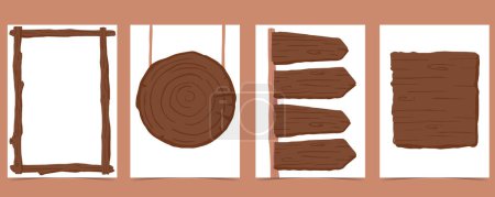Téléchargez les illustrations : Cadre en bois collection de jeu de fond safari Illustration vectorielle modifiable pour invitation d'anniversaire, carte postale et autocollant - en licence libre de droit