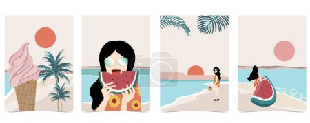 Téléchargez les illustrations : Fond de plage avec soleil, mer et ciel dans la journée avec couleur pastel - en licence libre de droit