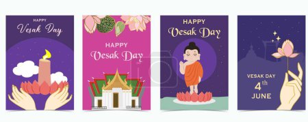 Illustration for Happy vesak day background with lotus ,temple and monk - Royalty Free Image