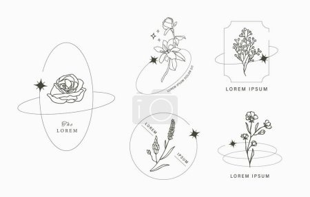 Illustration for Line object collection with hand,magnolia,rose,lavender flower - Royalty Free Image