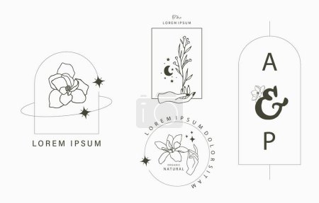 Téléchargez les illustrations : Collection d'objets en ligne avec main, magnolia, rose, fleur de lavande - en licence libre de droit