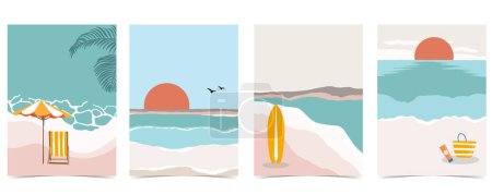 Téléchargez les illustrations : Carte postale plage avec soleil, mer et ciel en journée - en licence libre de droit
