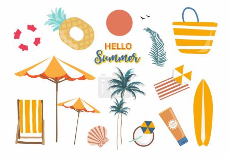Ilustración de Objeto de verano con playa, mar, árbol, sol, silla para postal - Imagen libre de derechos