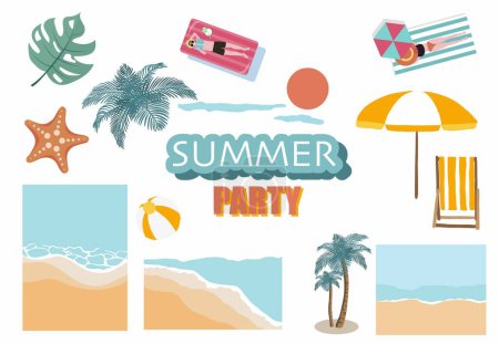 Téléchargez les illustrations : Objet d'été avec plage, mer, arbre, soleil, personnes pour carte postale - en licence libre de droit