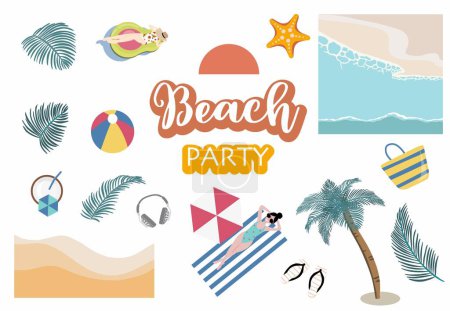 Ilustración de Objeto de verano con playa, mar, árbol, sol, gente para postal - Imagen libre de derechos