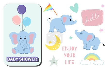 Illustration for Baby elephant object with star,heart,moon,rainbow for birthday postcard - Royalty Free Image