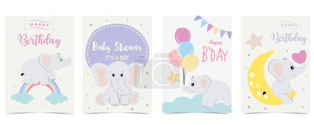 Illustration for Baby elephant design with cloud, rainbow, moon for birthday postcard - Royalty Free Image