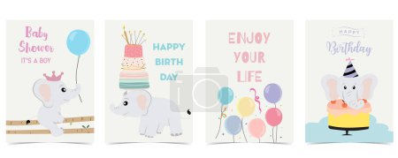 Illustration for Baby elephant design with cake, balloon, cloud for birthday postcard - Royalty Free Image