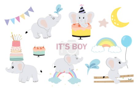 Ilustración de Objeto elefante bebé con globo, arco iris, luna para postal de cumpleaños - Imagen libre de derechos