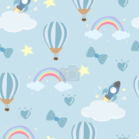 Illustration for Baby shower seamless pattern  for boy with balloon, cloud,sky, elephant,sun - Royalty Free Image