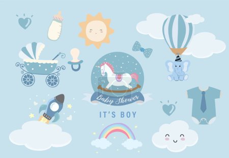 Illustration for Baby shower object for boy with balloon, cloud,sky, elephant,sun - Royalty Free Image