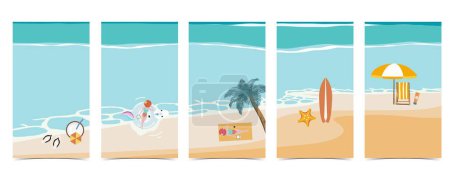 Téléchargez les illustrations : Carte postale plage avec sable, mer et ciel dans la journée - en licence libre de droit