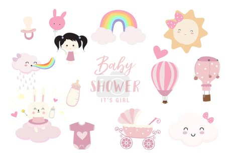 Téléchargez les illustrations : Objet douche bébé pour fille avec ciel, ballon, arc-en-ciel, nuage - en licence libre de droit