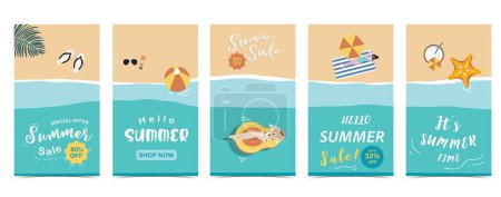 Téléchargez les illustrations : Carte postale plage avec sable, mer et ciel dans la journée - en licence libre de droit
