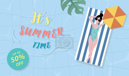 Illustration for Summer sale background with tiny people, ball,float  in the top view pool.Vector summer banner - Royalty Free Image