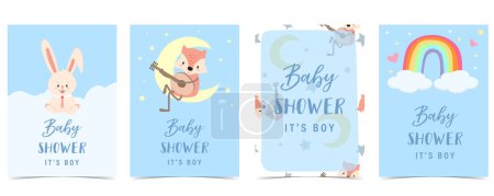 Téléchargez les illustrations : Carte d'invitation de douche bébé pour garçon avec lapin, renard, arc-en-ciel, nuage - en licence libre de droit