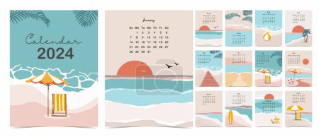 Ilustración de La semana del calendario de mesa 2022 comienza el domingo con la playa que utiliza para el tamaño vertical digital e imprimible A4 A5 - Imagen libre de derechos