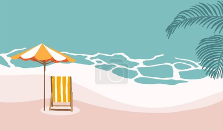 Téléchargez les illustrations : Fond d'été avec parasol, mer, chaise. Bannière d'été vectorielle - en licence libre de droit