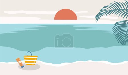 Ilustración de Fondo de verano con bolsa, mar, sol.Vector bandera de verano - Imagen libre de derechos