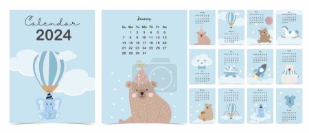 Illustration for 2024 table calendar week start on Sunday with cartoon that use for vertical digital and printable A4 A5 size - Royalty Free Image