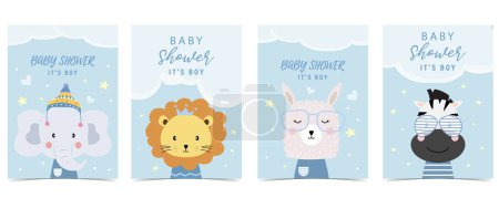Ilustración de Tarjeta de invitación azul Baby shower para niño con animal - Imagen libre de derechos