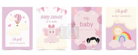 Téléchargez les illustrations : Carte d'invitation de douche de bébé pour fille avec ballon, nuage, ciel, rose - en licence libre de droit