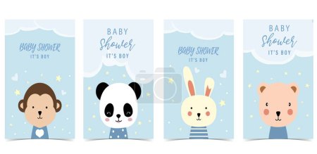 Illustration for Baby shower blue invitation card for boy with animal - Royalty Free Image
