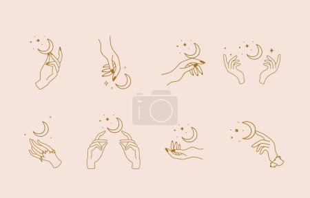 Illustration for Collection of line design with moon,hand.Editable vector illustration for website, sticker, tattoo,icon - Royalty Free Image