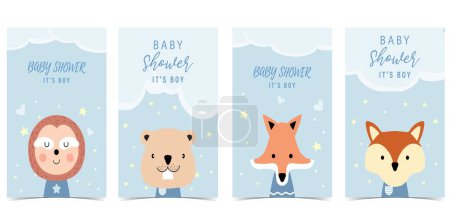Illustration for Baby shower blue invitation card for boy with animal - Royalty Free Image
