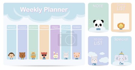 cute weekly planner background with cloud,animal.Vector illustration for kid and baby.Editable element