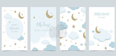 Téléchargez les illustrations : Carte d'invitation de douche de bébé pour garçon avec ballon, nuage, ciel, bleu - en licence libre de droit