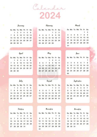 Illustration for 2024 watercolor monthly calendar with orange,yellow,pink.Vector illustration for kid and baby.Editable element - Royalty Free Image