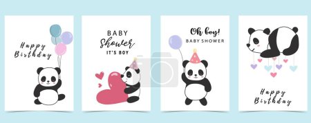 Téléchargez les illustrations : Carte d'invitation de douche de bébé pour garçon avec panda, coeur, ballon, bleu - en licence libre de droit