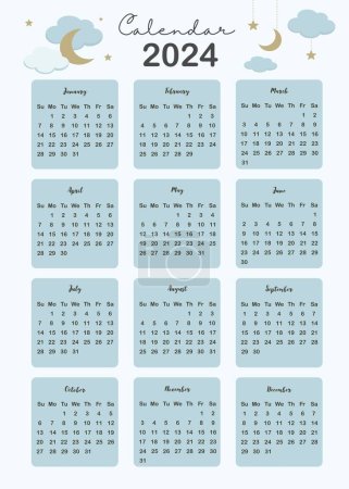 Ilustración de 2024 tabla calendario semana comenzar el domingo con la luna que utilizan para vertical digital e imprimible A4 A5 tamaño - Imagen libre de derechos